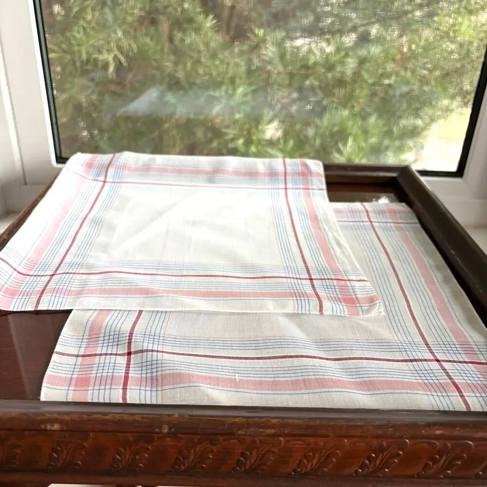 Vintage Plaid Cotton Handkerchief Set Pink Blue 11x11